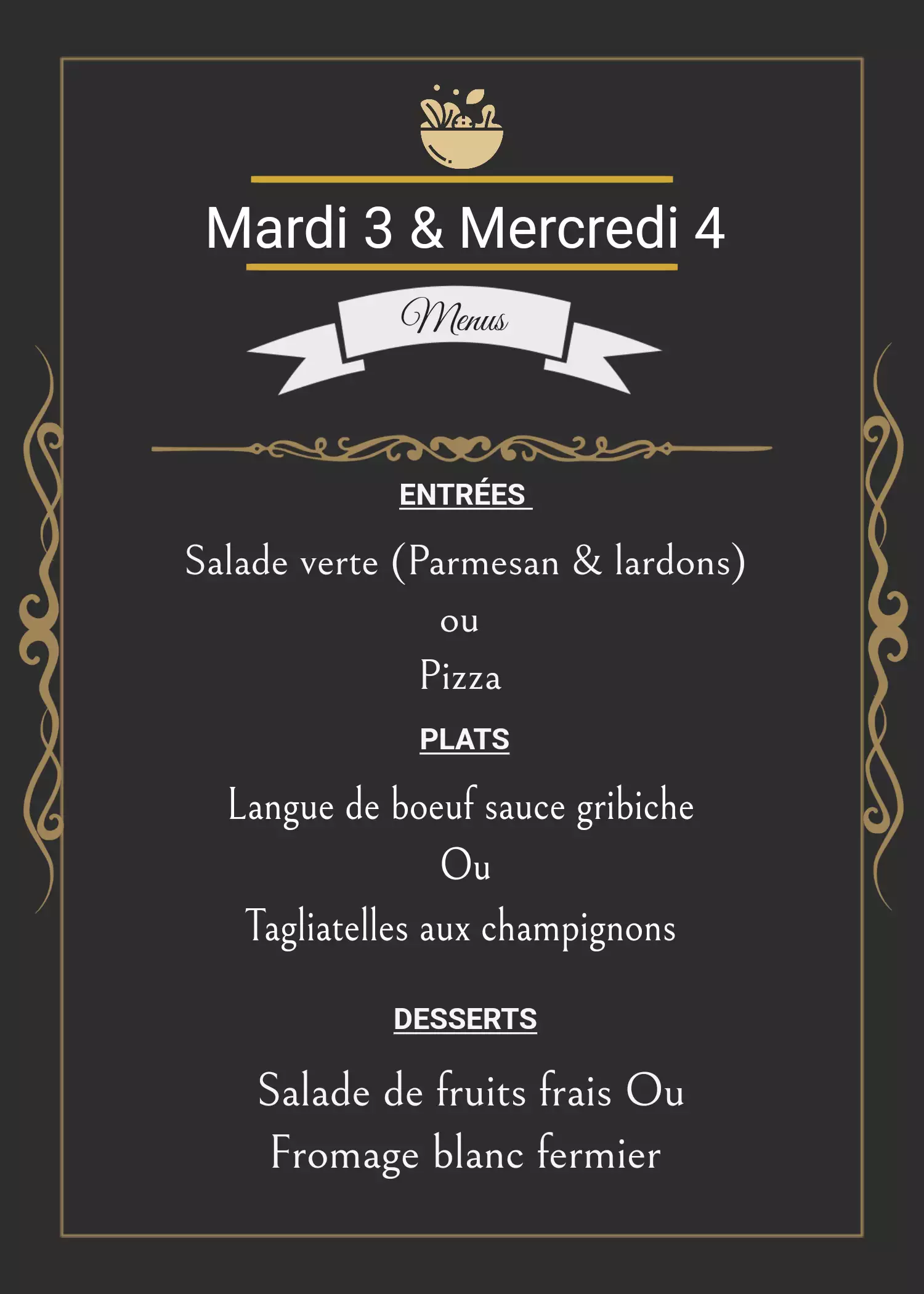 Menu du Mardi 3 et du Mercredi 4 décembre