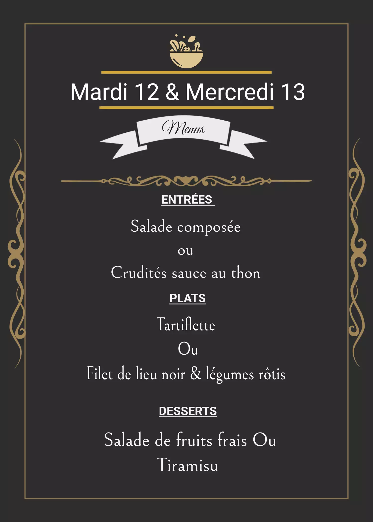 Menu du Mardi 12  et du Mercredi 13 décembre