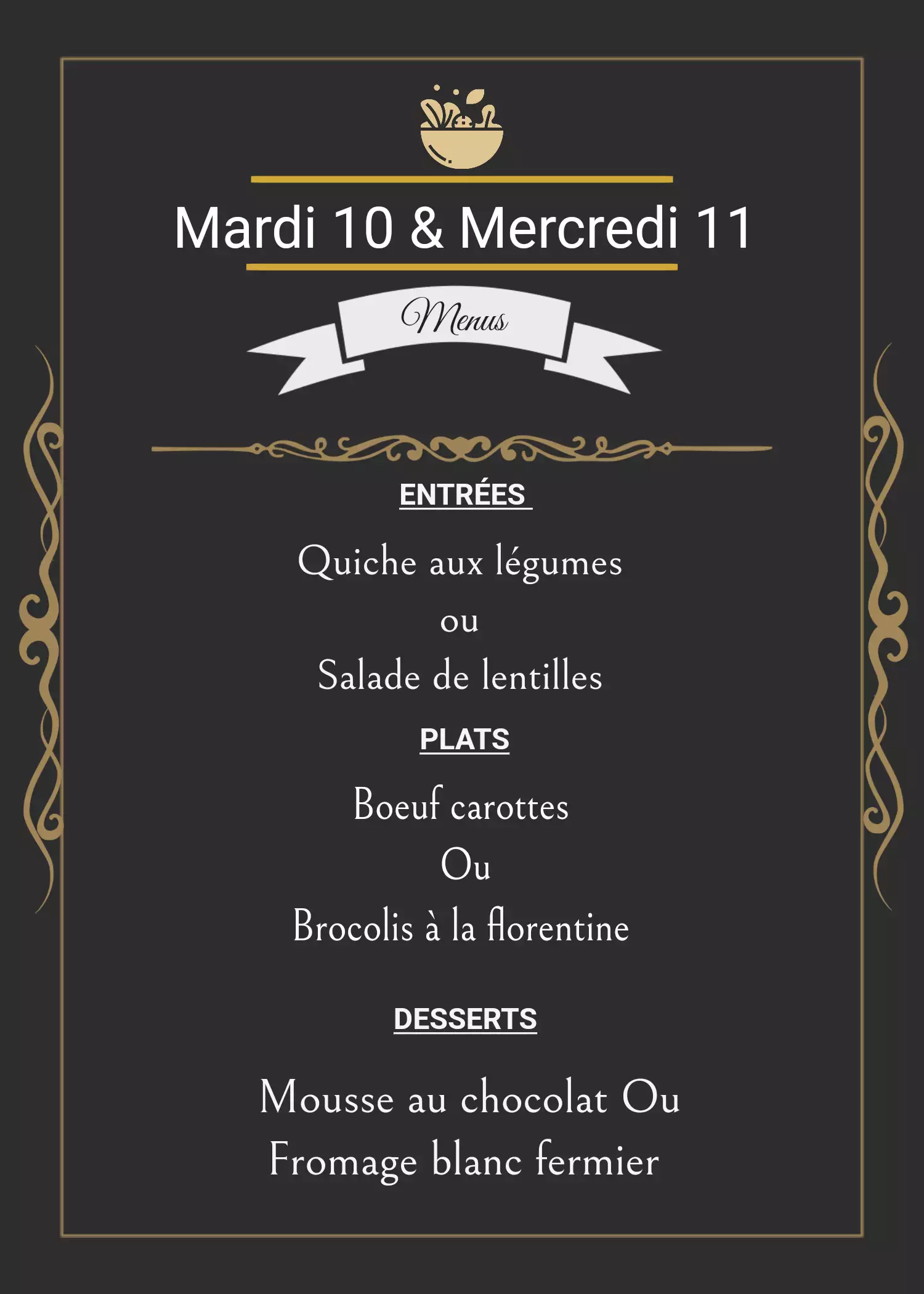 Menu du Mardi 10 et du Mercredi 11 décembre